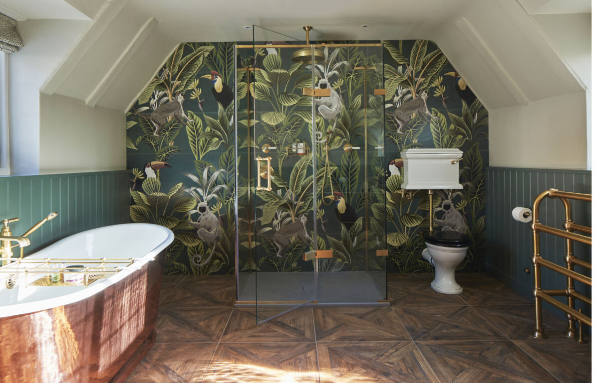 a bathroom with a shower and a tub
