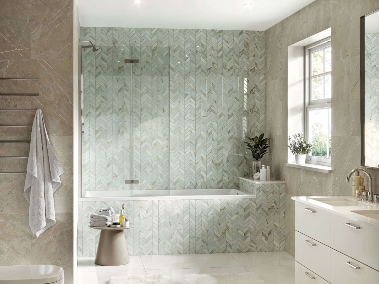 a bathroom with a bathtub and shower screen