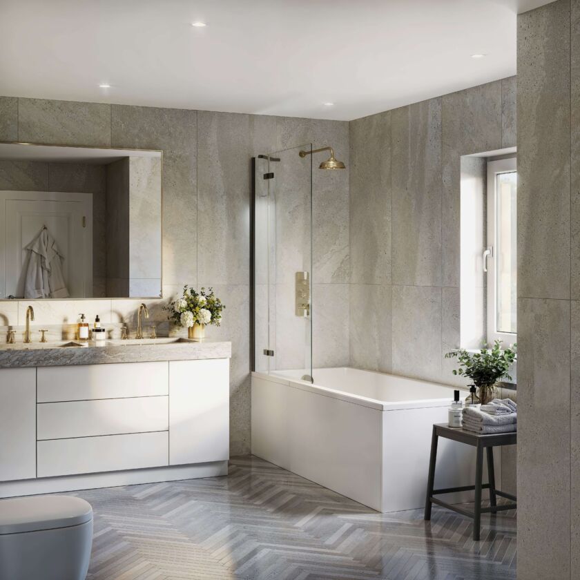 a bathroom with a bath panel and sink