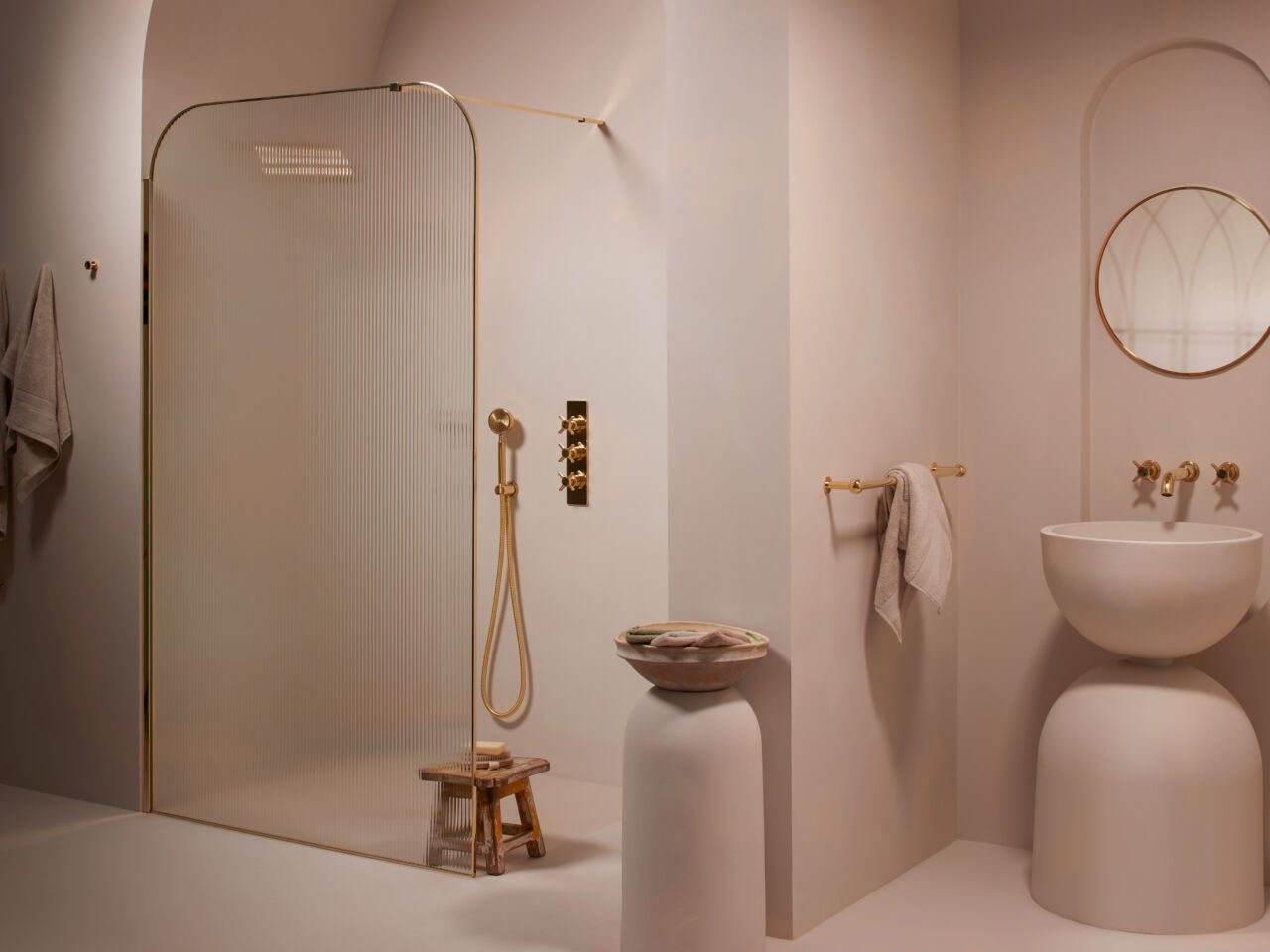 a bathroom with a Matki dome shower and sink
