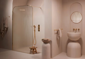 a bathroom with a Matki dome shower and sink