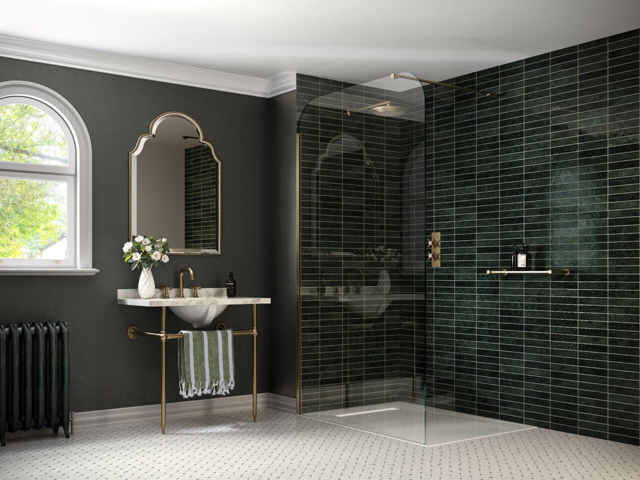 a bathroom with a domed glass shower screen and basin