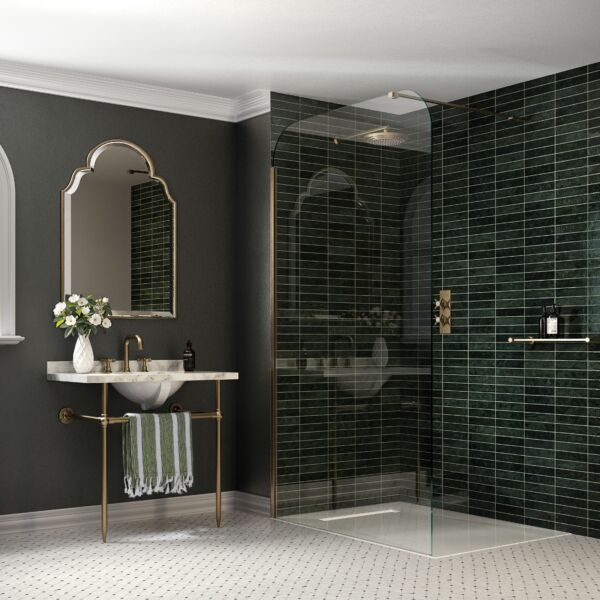 a bathroom with a domed glass shower screen and basin